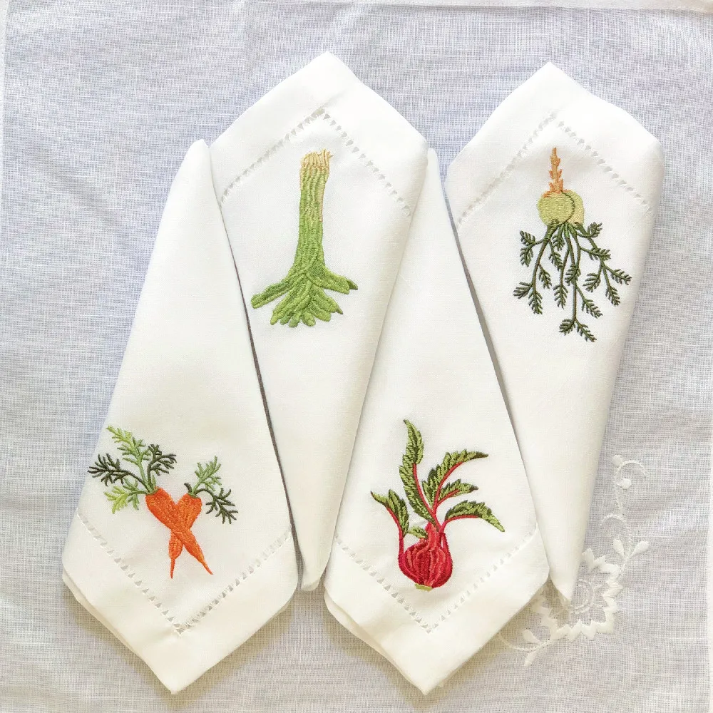 @Vegetable Napkins Hemstitched Embroidery, Linen+Cotton Table Decor, Beetroot, Fennel, Carrot,Home/Airbnb/Banquets/Hotel