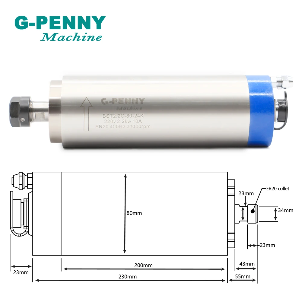 G-PENNY Machine 2.2KW ER20 D80 Water Cooled Spindle Motor 4 pcs Bearings Accuracy 0.01mm Engraving Milling 80*230mm CNC Router