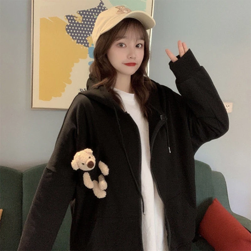 2021 NEW Spring Autumn Women hoodie harajuku Korean style Fashion Causal Lantern sleeve Hooded Cute Bear female Zip-up hoodies