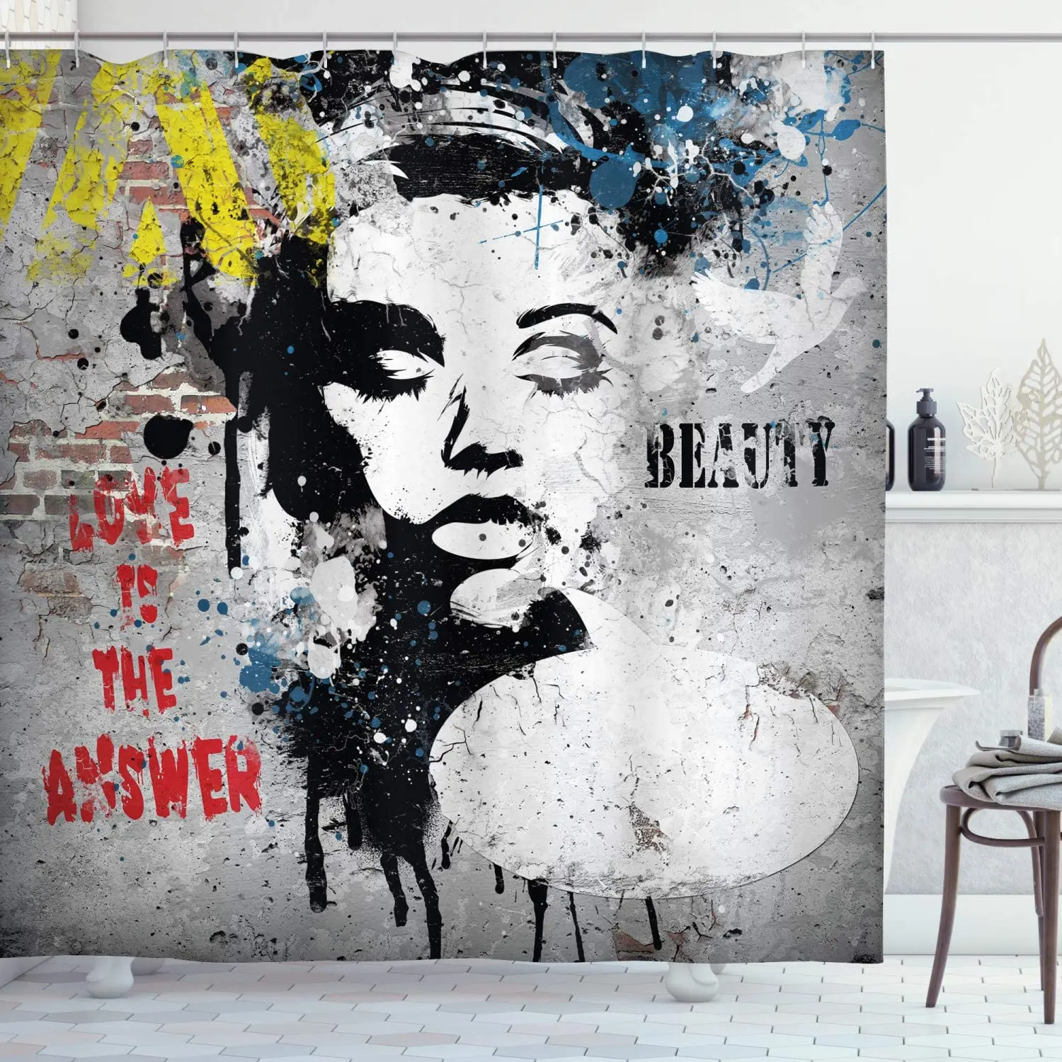 Modern and Grunge Wall with a Girl and Words Casual Youth Urban Fashion Print, Cloth Fabric Bathroom Decor Set with Hooks