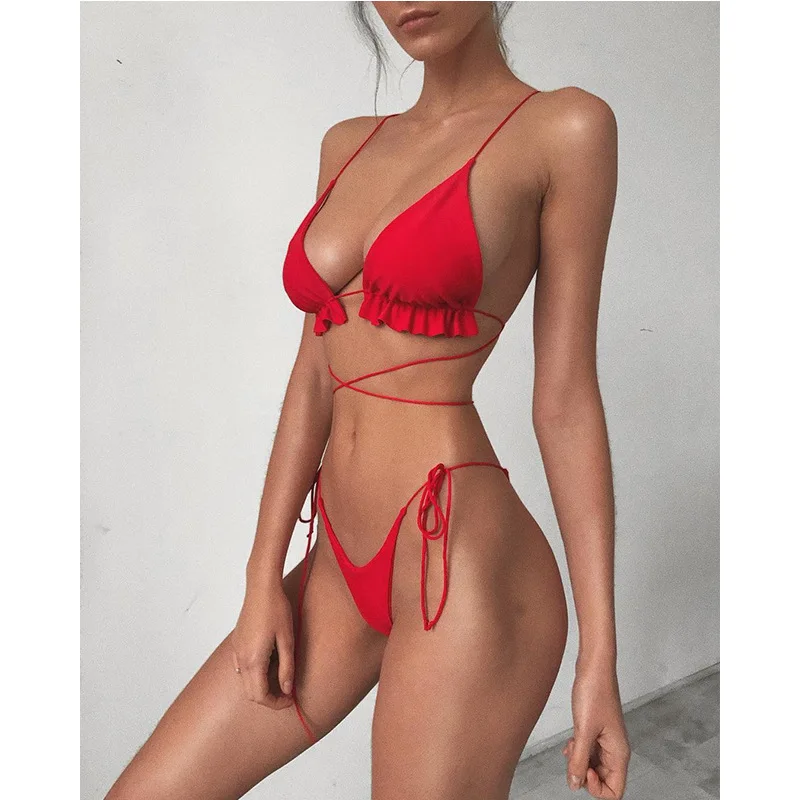 Cikini2020 Women's Sexy Long Rope Bandage Bikini, Ruffle Low Waist Suit, Split Push Up Swimsuit, Brazil Summer Beach Swimmi