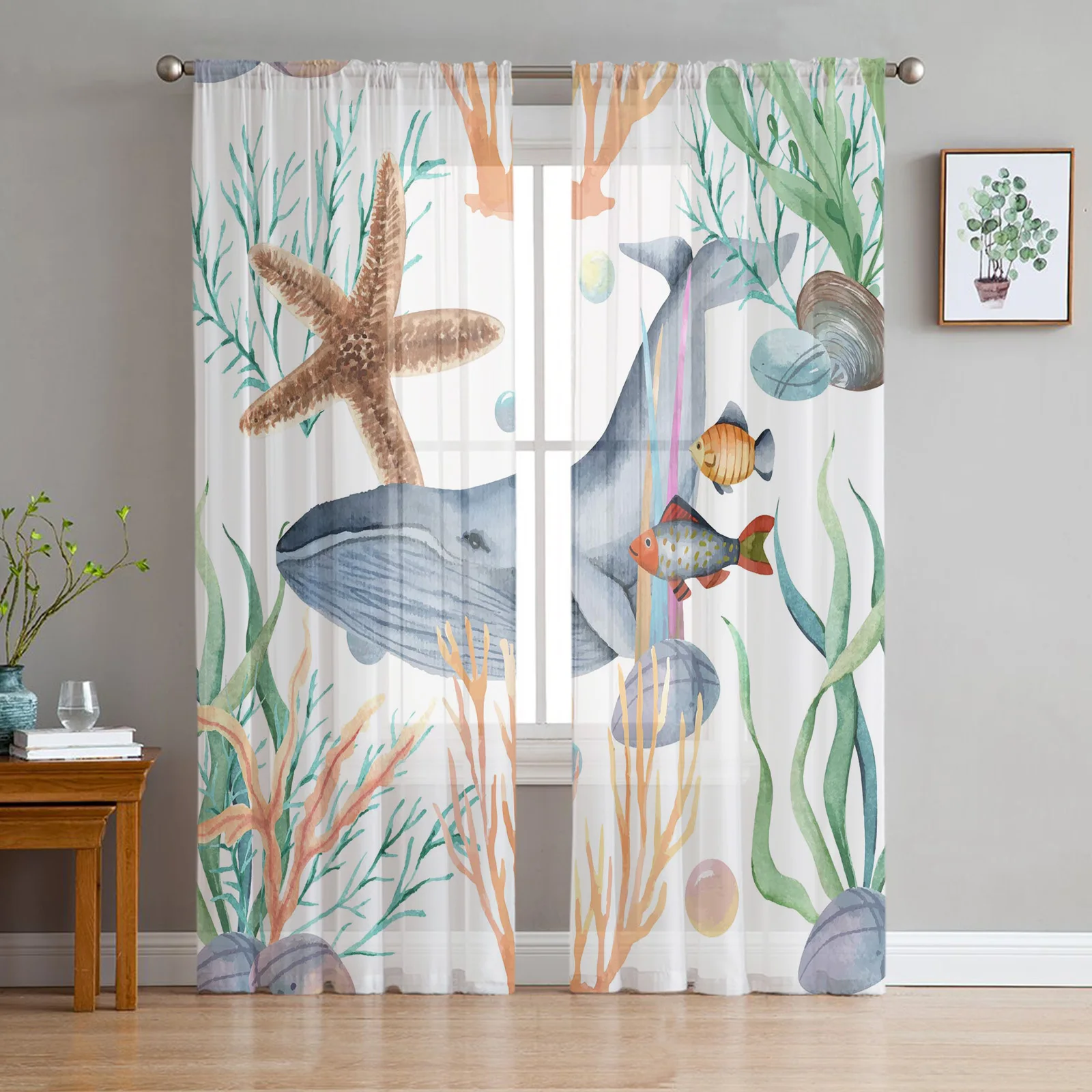 Whale Starfish Seaweed Sheer Curtains for Living Room Bedroom Kitchen Tulle for Windows Voile Drapes Home Decoration