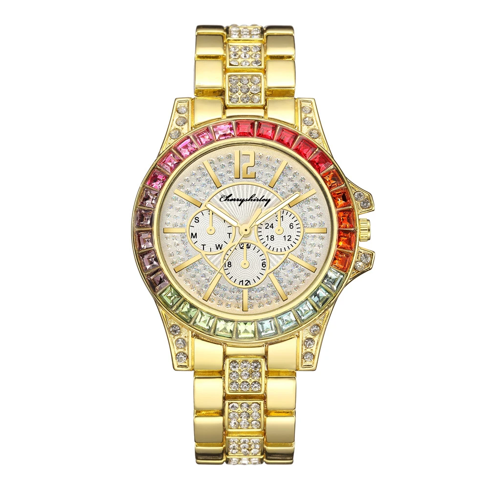 Fashion Women Stainless Steel Strap Watches Female Luxury Gold Colorful Diamond Round Dial Watch Ladies Fashion Wristwatches