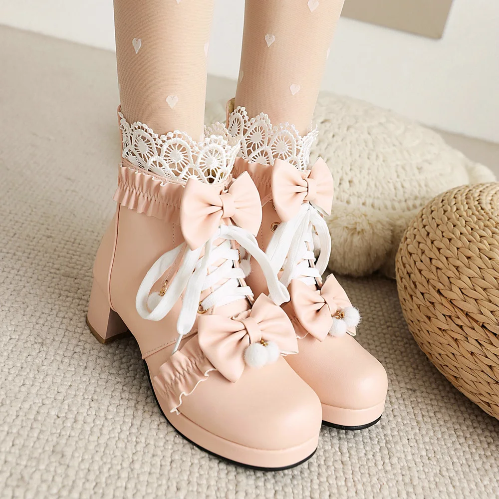 Pink White Black Chunky Heel Lolita Shoes Butterfly-knot Hollow Lace Womens Cosplay Princess Court Vintage Winter Ankle Boots