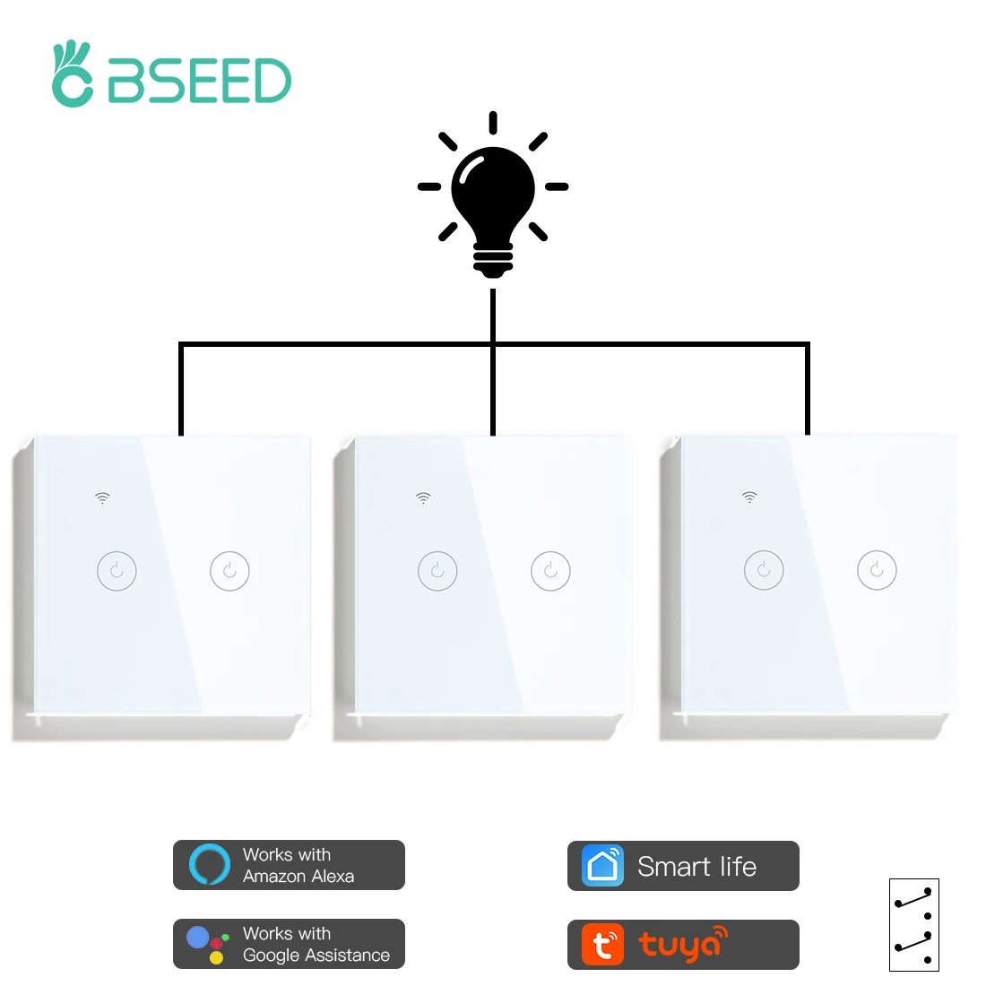 

BSEED EU Standard Smart Wall Switch 2Gang 3Way Wireless Touch Light Switches Work With Tuya Alexa Google Home Need Neutral 240V