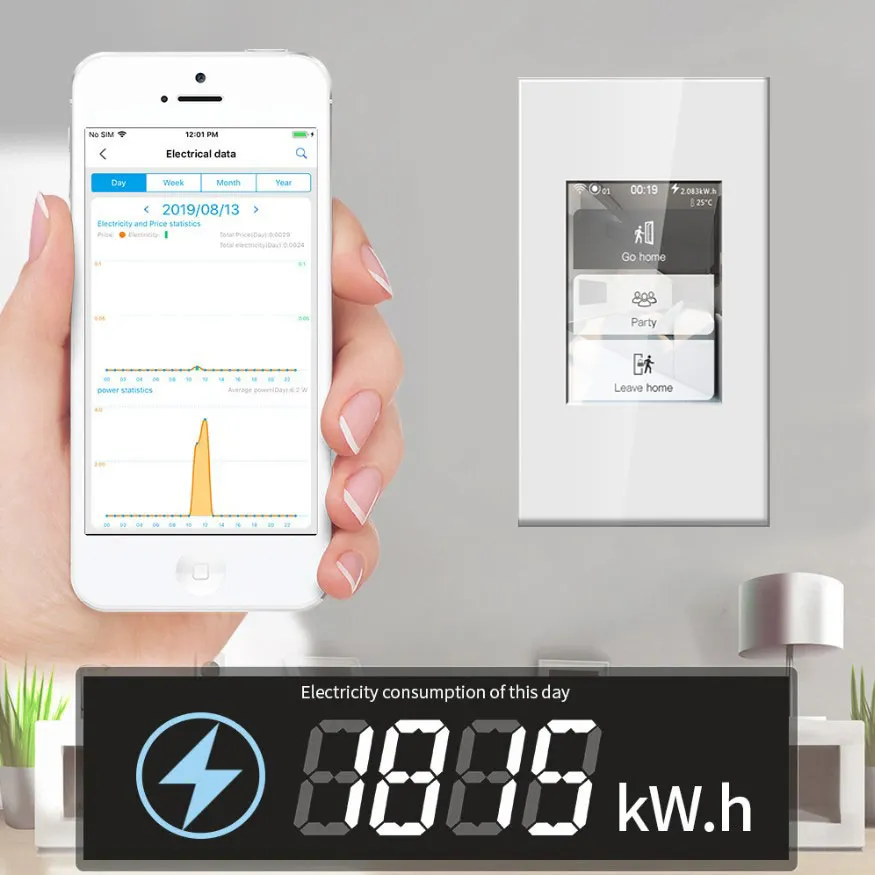 WIFI LCD Smart Wall Switch 5 Model In One Power Display App, Alexa, Googlehome Control Curtain Switch untuk Smart Home