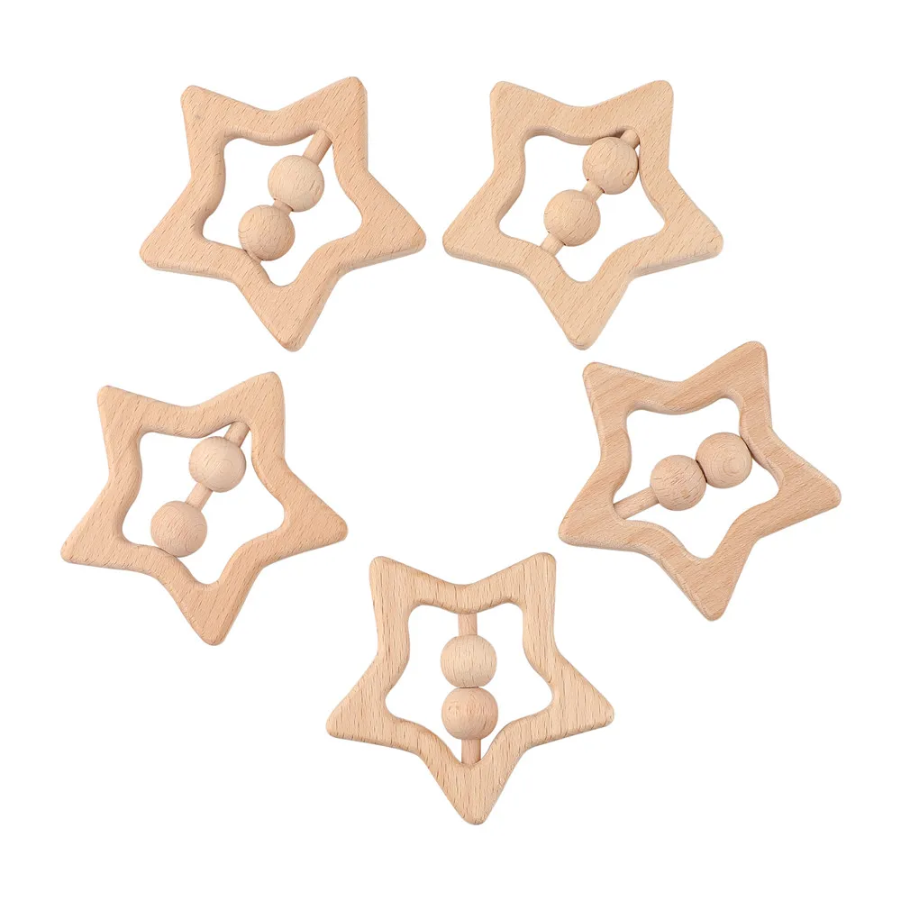 Wooden Rattles For Newborn Baby 1pc Baby Toys Star Shape Ring Teether Montessori Stroller Educational Toys Baby Wood Rattles