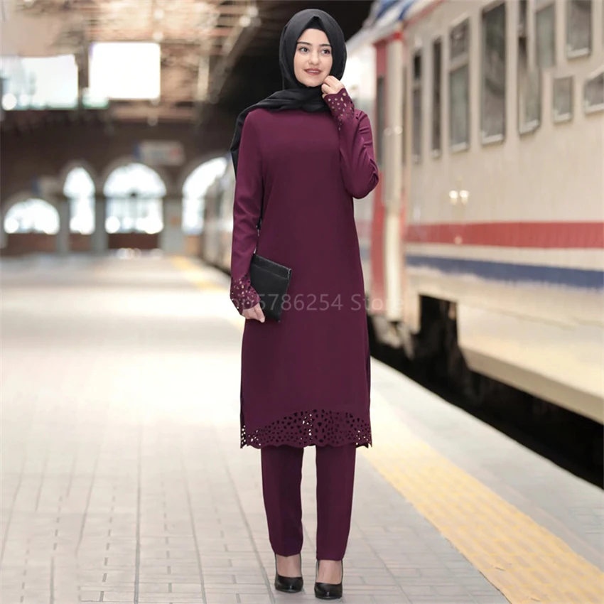 

Muslim Sets Fashion Abaya Dress Pants Women Islamic Turkish Dubai Hollow Solid Full Sleeve Kaftan Lady Elegant Middle East Cloth