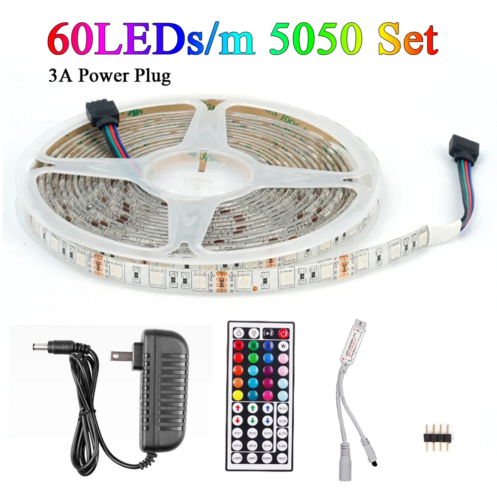 

5m LED Strip 5050 RGB Strip LED Light DC 12V 60/120LED Flexible Ribbon Strip RGB Diode Tape 44key Kit IR Remote Controller Power