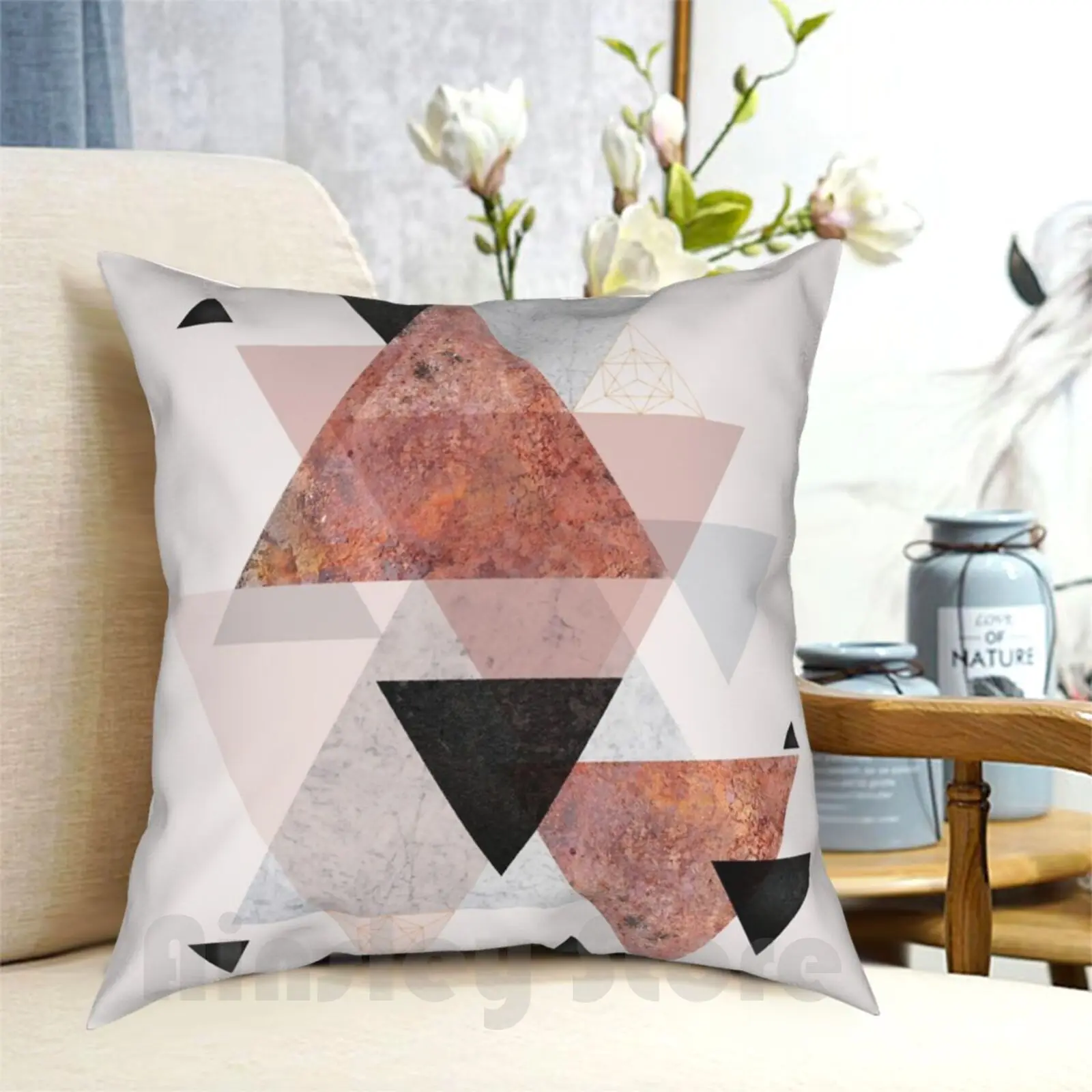 Geometric Arrangement In Blush , Rose Gold And Black Pillow Case Printed Home Soft Throw Pillow Geometric Scandinavian