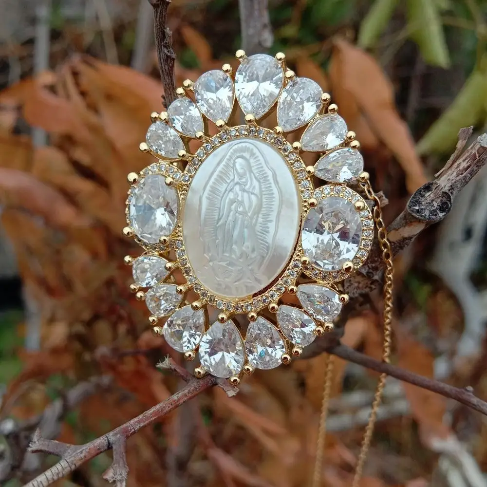 

Y·YING White Shell Virgin Mary CZ Micro Pave Oval Shape Pendant Necklace