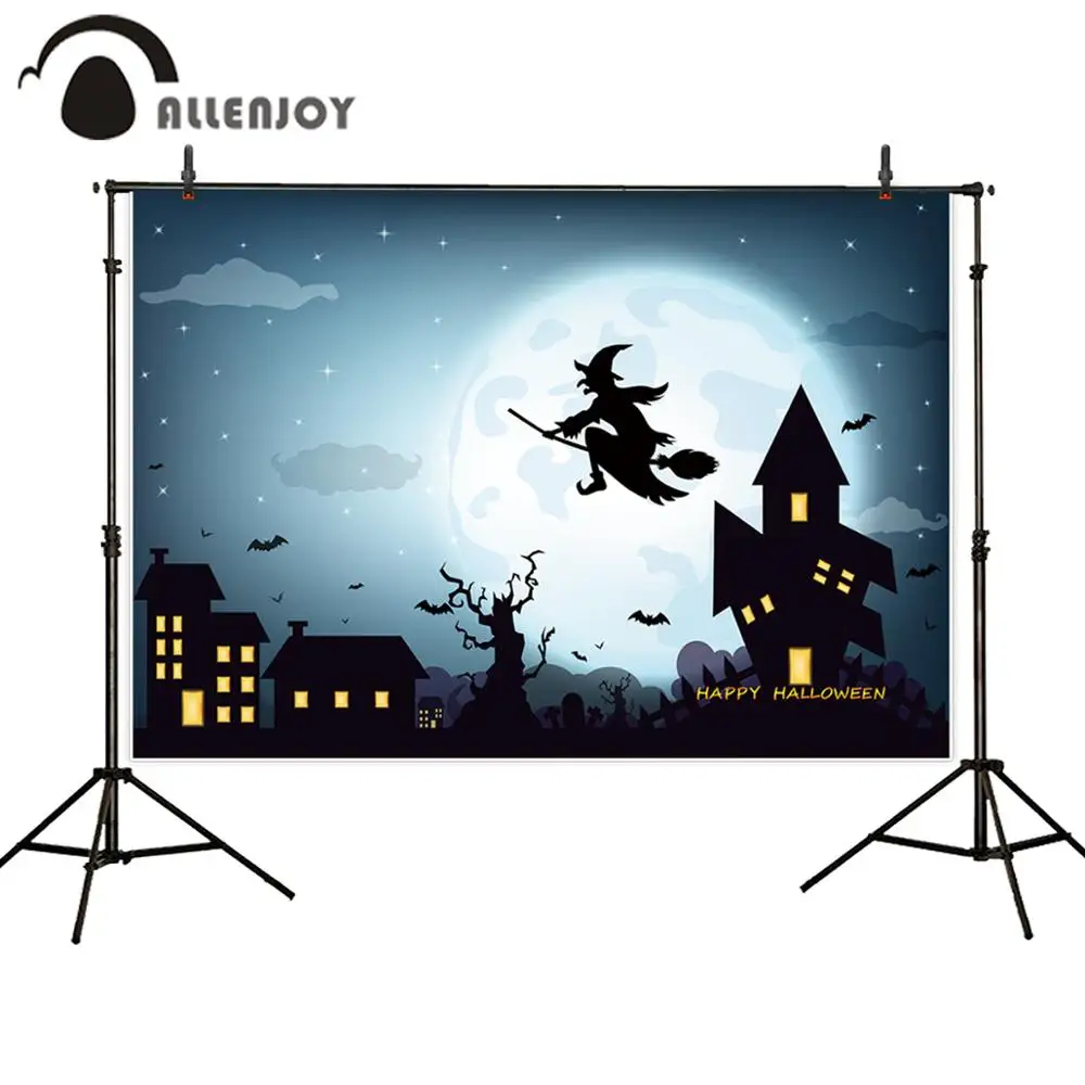 Allenjoy photography backdrops birthday Witch flying broom Night Castle Moon Halloween background original design for studio