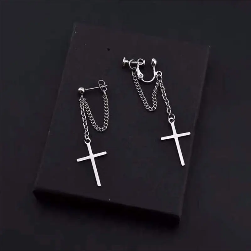 Korea harajuku Cool E-girl boy Cross Chain Pendant Earrings 90s aesthetic accessories igirl couple Bff grunge goth  jewelry