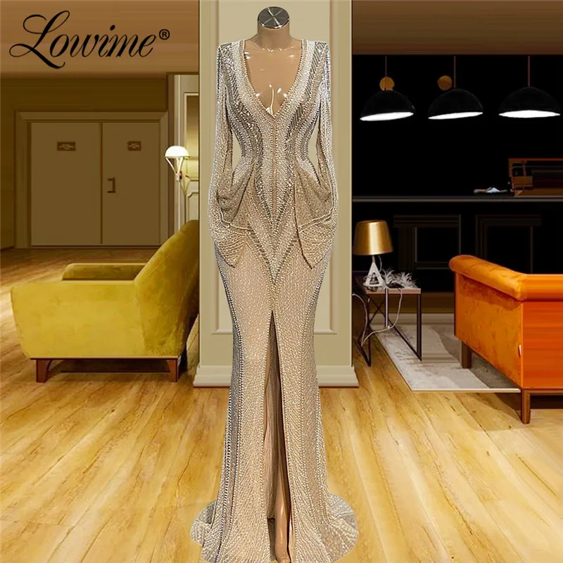 

Lowime Luxury Long Great Gatsby Beaded Evening Dresses 2021 Couture Plus Size Mermaid Party Gowns Middle East Dubai Arabic Prom