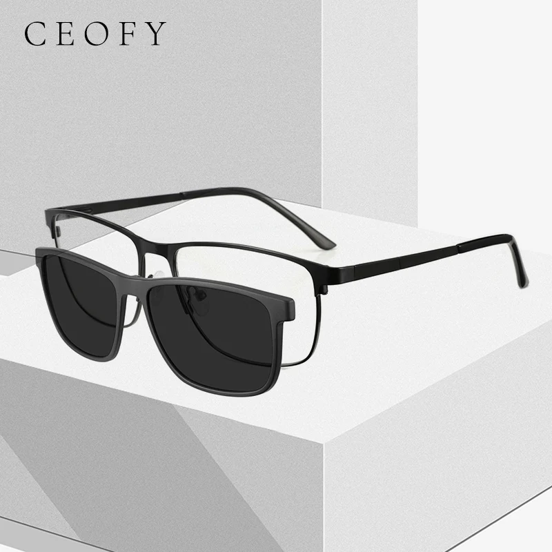 Ceofy Men Metal Glasse Frame 2022 Square Clip On Polarized Sunglasses Magnetism Optical Eyewear Eyeglasses Frame C8020