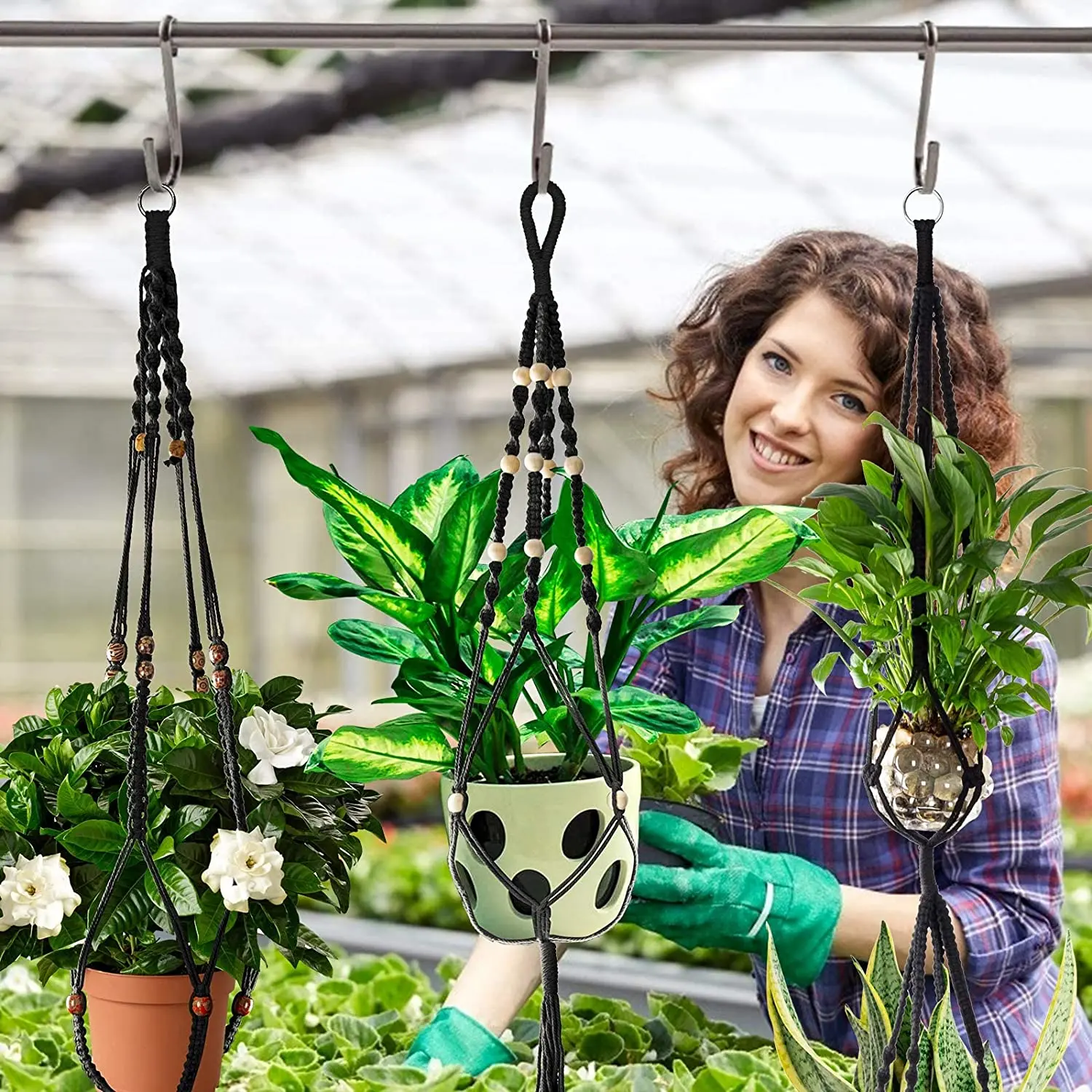 Cestas de macramé hechas a mano para colgar plantas, soporte para macetas, decoración colgante para balcón, cuerda de elevación anudada, suministros