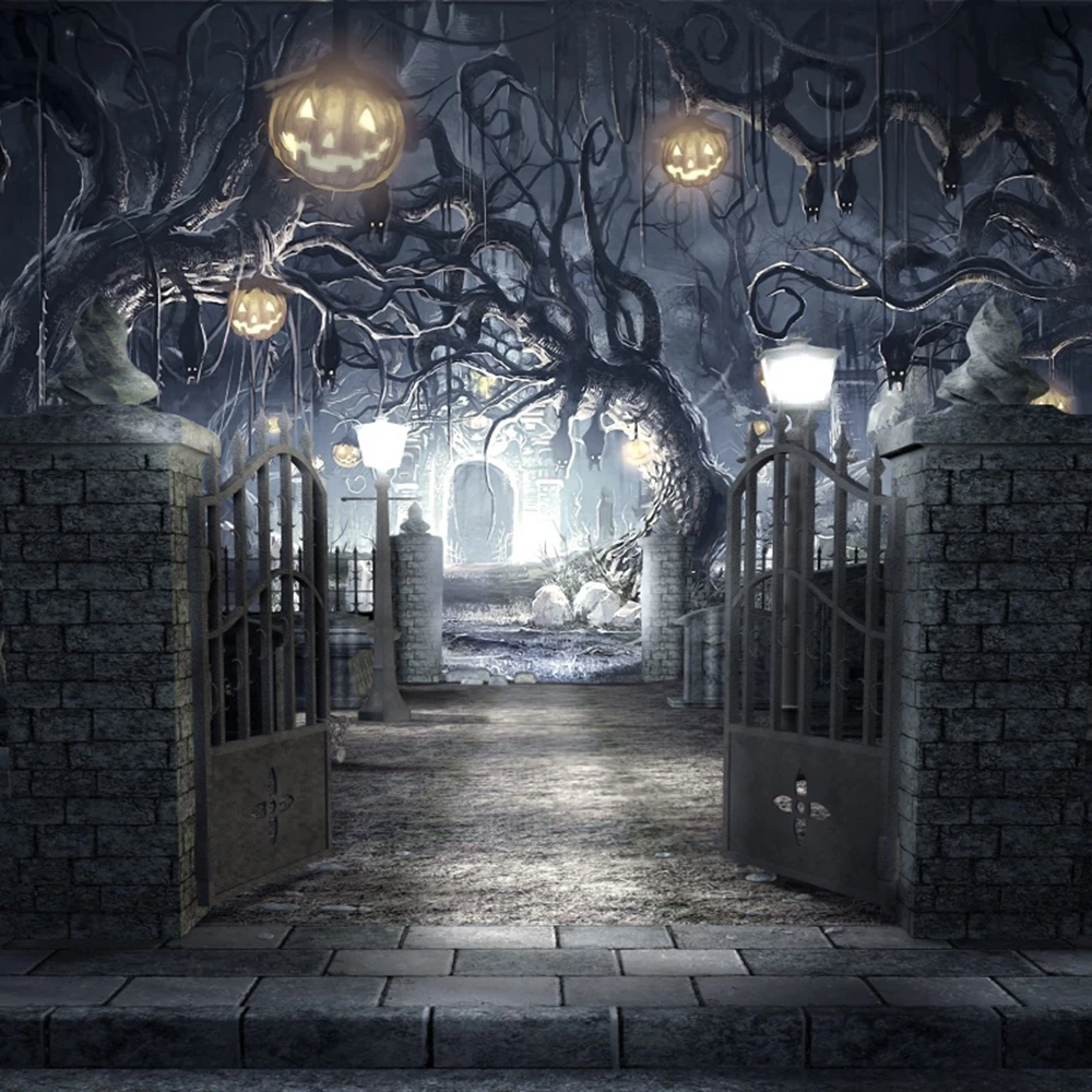 

Halloween Backdrop Forest Branches Pumpkin Lantern Gate Photography Background Photozone Photophones For Photos Shoot Booth Prop