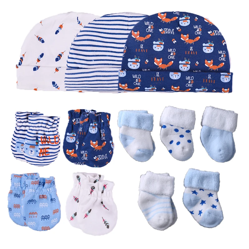 Newborn Hat+Gloves+Socks Set For Baby Boy&Girl Cotton Fall Casual Photography Props Soft Headwear Infant Nightcap Winter Fashion