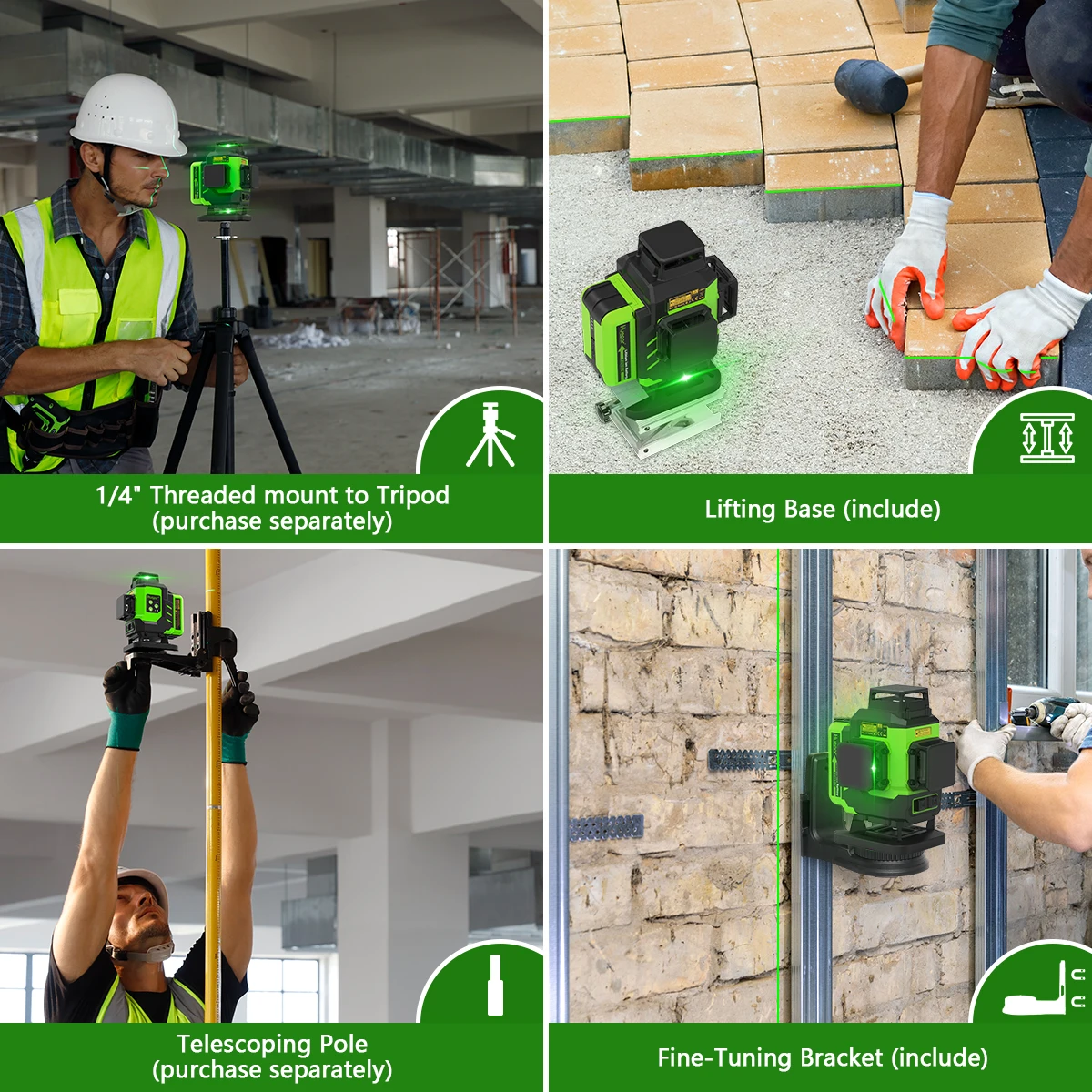 Huepar 16 Lines Green Beam 4D Cross Line Tiling Floor Laser Tools Osram Horizontal & Vertical with Lifting Base 2 Li-ion Battery