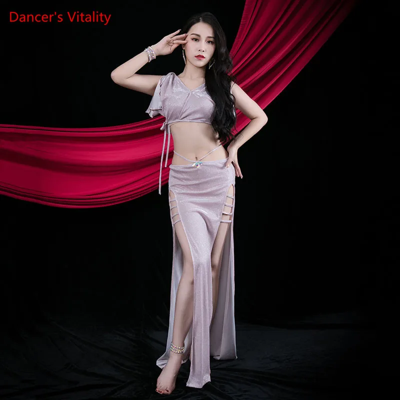 Belly Dance Suit V-neck Sequins Top Split Long Skirt Practice Clothes Set Female Elegant Shirt Performance Training Clothing