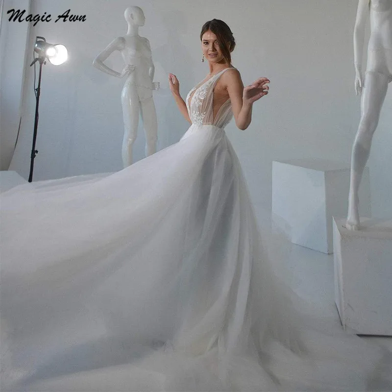 Magic Awn Graceful Soft Tulle abiti Da Sposa 2021 Appliques Illusion Scoop Boho A-Line abiti Da Sposa principessa Abito Da Sposa