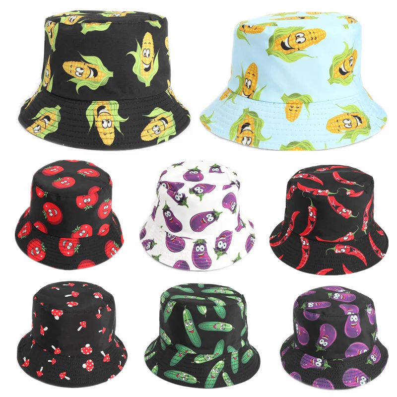 

Cartoon Vegetable Printing Double-sided Bucket Hat Male Gorras Fishing Caps For Men Women Casual Outdoor Sunscreen Fisherman Cap