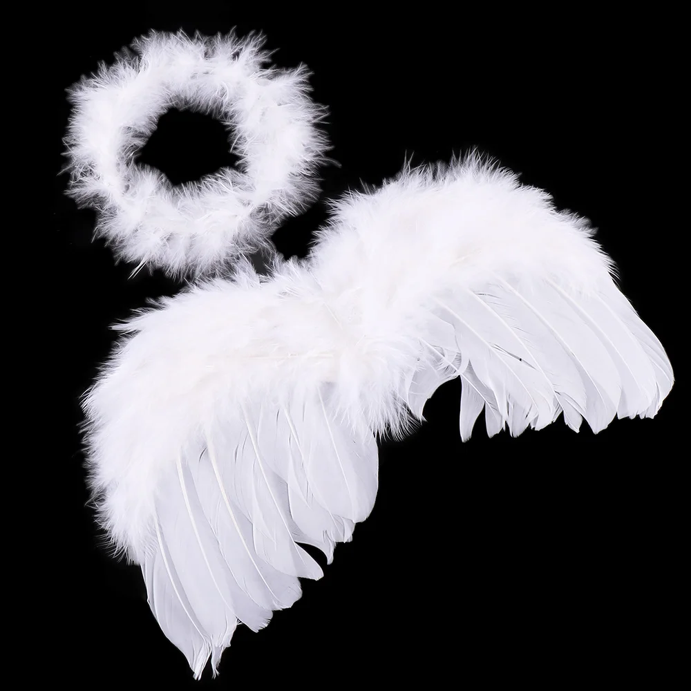 1 Set Lovely Baby Kids White Feather Angel Wings with Headband Headwear for Infant Newborn Birthday Party Costume Photo Prop