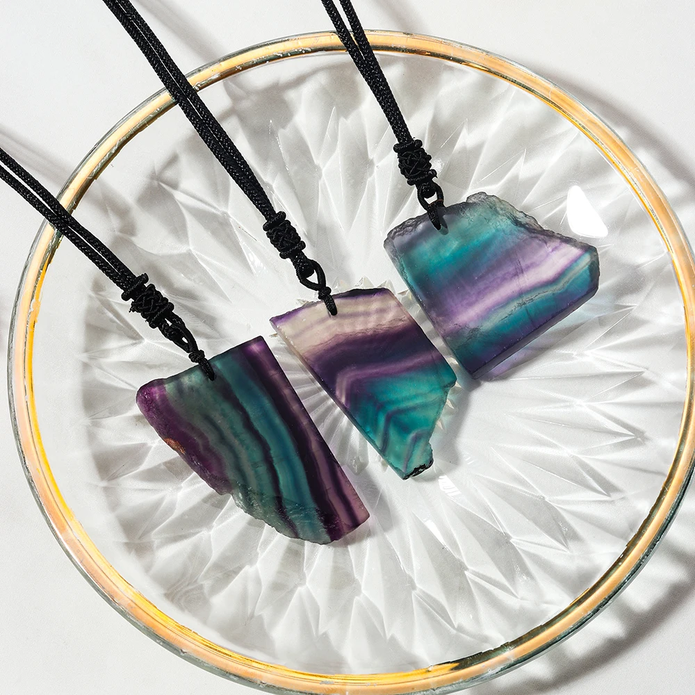 Natural Crystal Rainbow Fluorite Pendant Colorful Irregular Shape Crystal Slice Raw Quartz Necklace For Women Gift