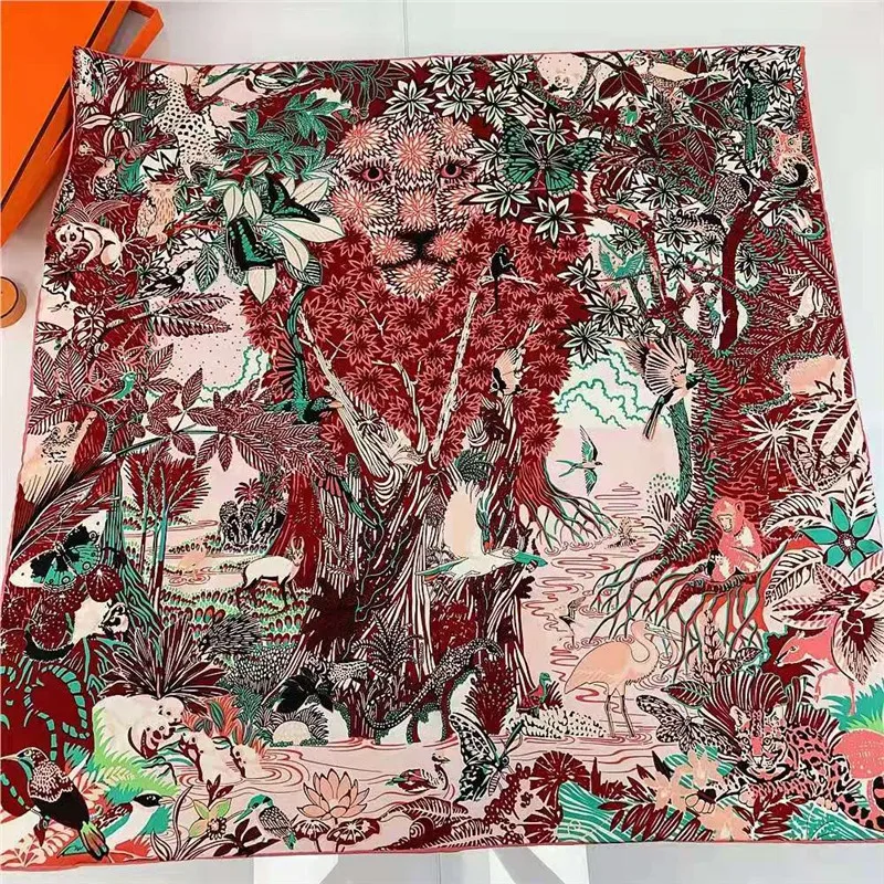 POBING Manual Hand Rolled Twill Silk Scarf Women Animals Forest Square Scarves Echarpes Foulards Femme Wrap Bandana Hijab 90CM