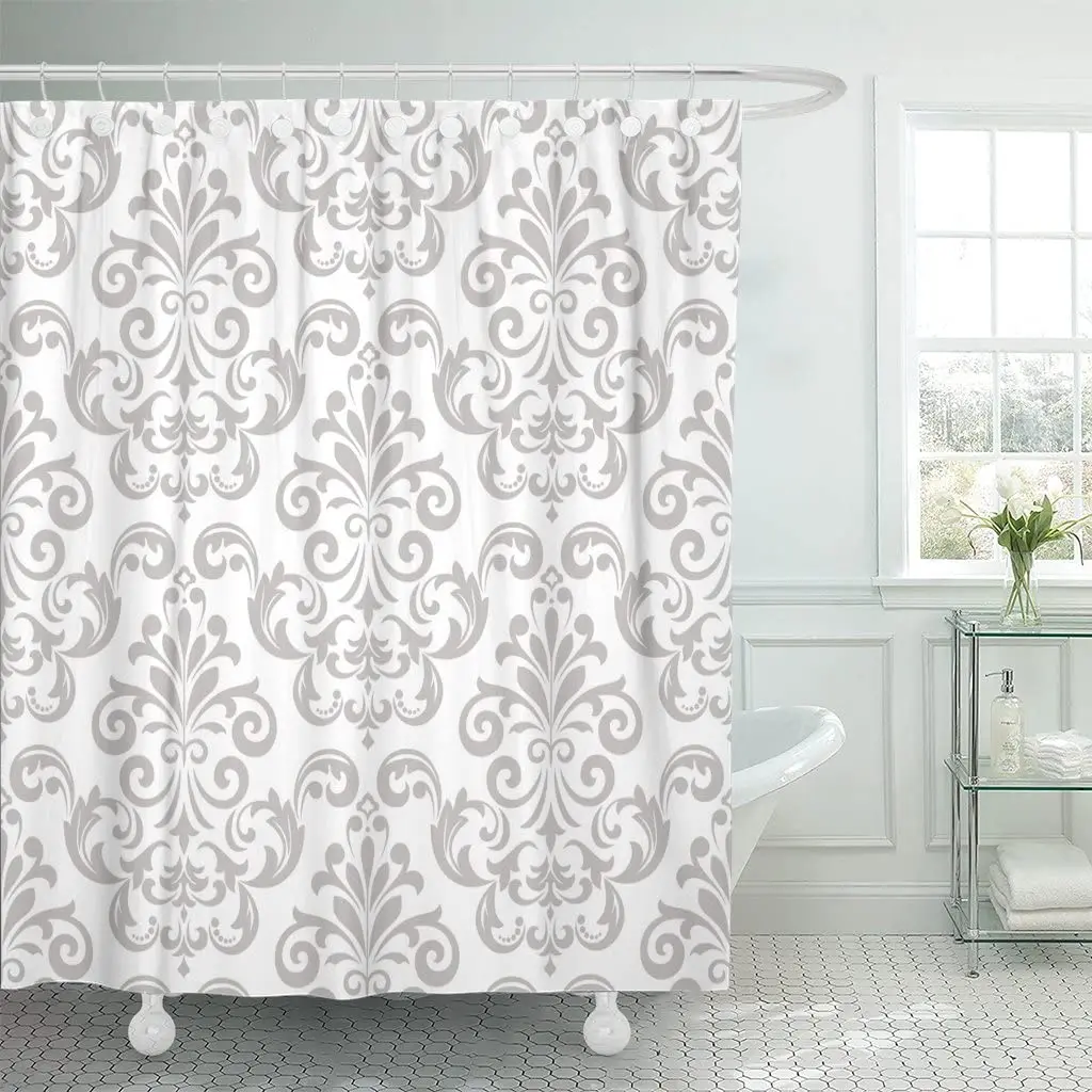 Silver Antique in The Style of Baroque Gray and White Floral Graphic Pattern Curtains Damask Shower Curtains Waterproof