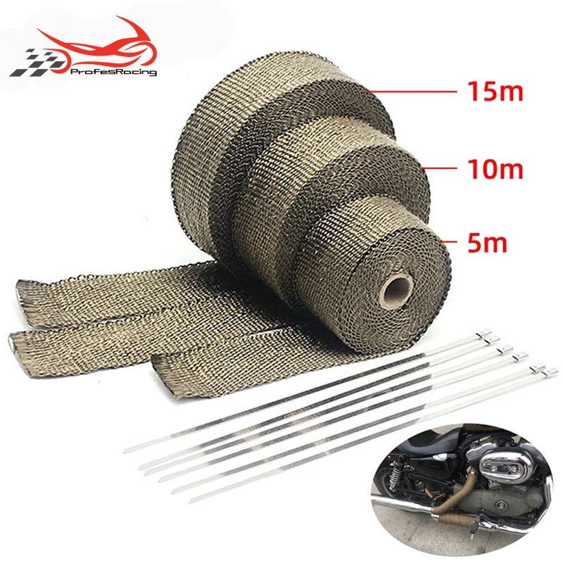 5/10/15/20M Motorcycle Exhaust Thermal Tape Exhaust Heat Tape Wrap Manifold Insulation Roll Resistant with Stainless Ties