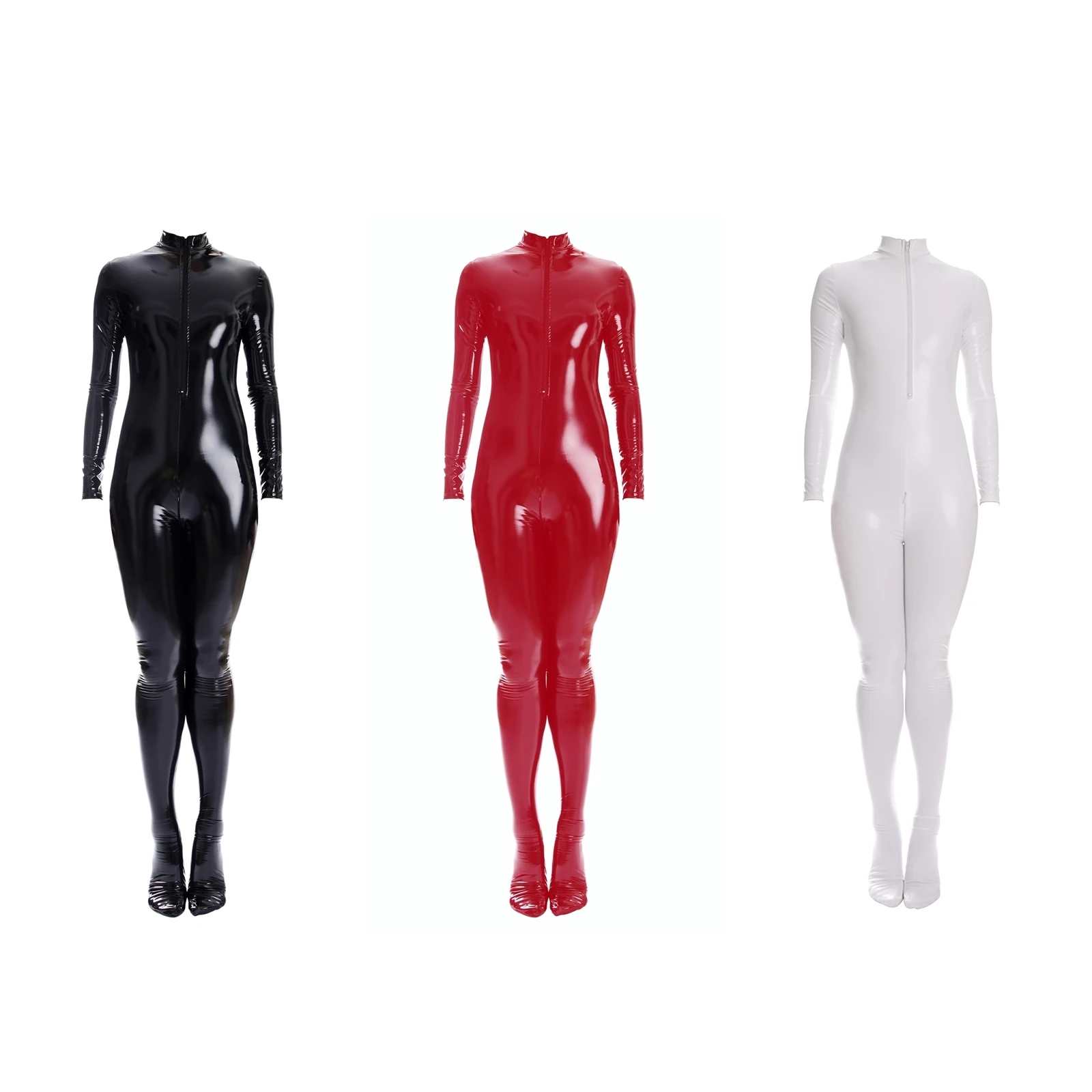 Ftshist Sexy Patent Leather Catsuits Open Crotch Shiny Fullbody Zentai Zipper One-Piece Long Sleeve Jumpuits Fetish Skin Tights