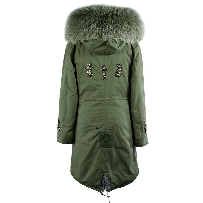 Army Green Outer Shell And Grey Rex Rabbit Fur Lined Parka Winter Warm Over Coat With Olive Raccoon Fur Collar