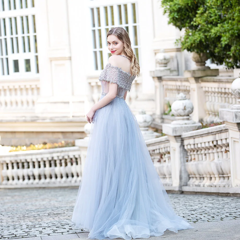 Gorgeous Light Blue Evening Dresses Long Illusion Tulle Handmade Rhinestones Beaded Formal Women Gowns Aline Vestidos