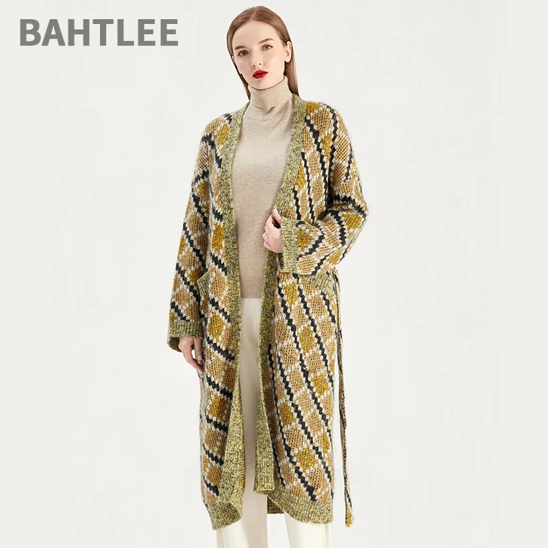 BAHTLEE-Multicolour Mohair Coat for Women, Long Sleeve, Cardigan Sweater with Belt Sashes, Wool Knitted Jumper, V-Neck, Loose