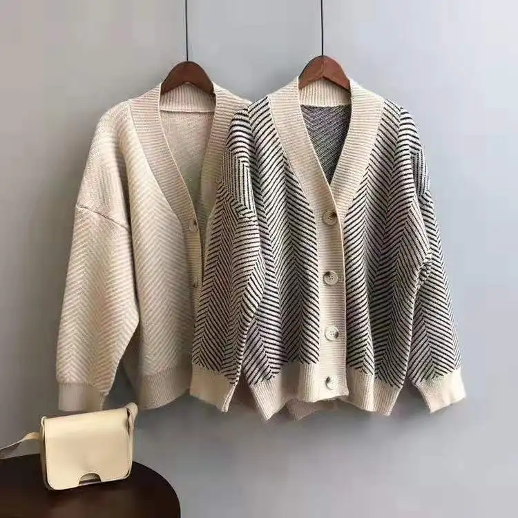 Cardigans women elegant striped pattern autumn winter cardigan vintage jumper lady fashion oversized knitted cardigan coat