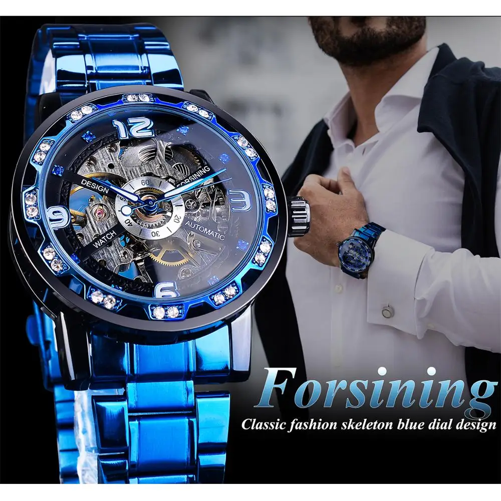 Forsining Blue Diamond Transparent Skeleton Men Mechanical Watch Stainless Steel Luminous Hands Wristwatch Casual Business Clock