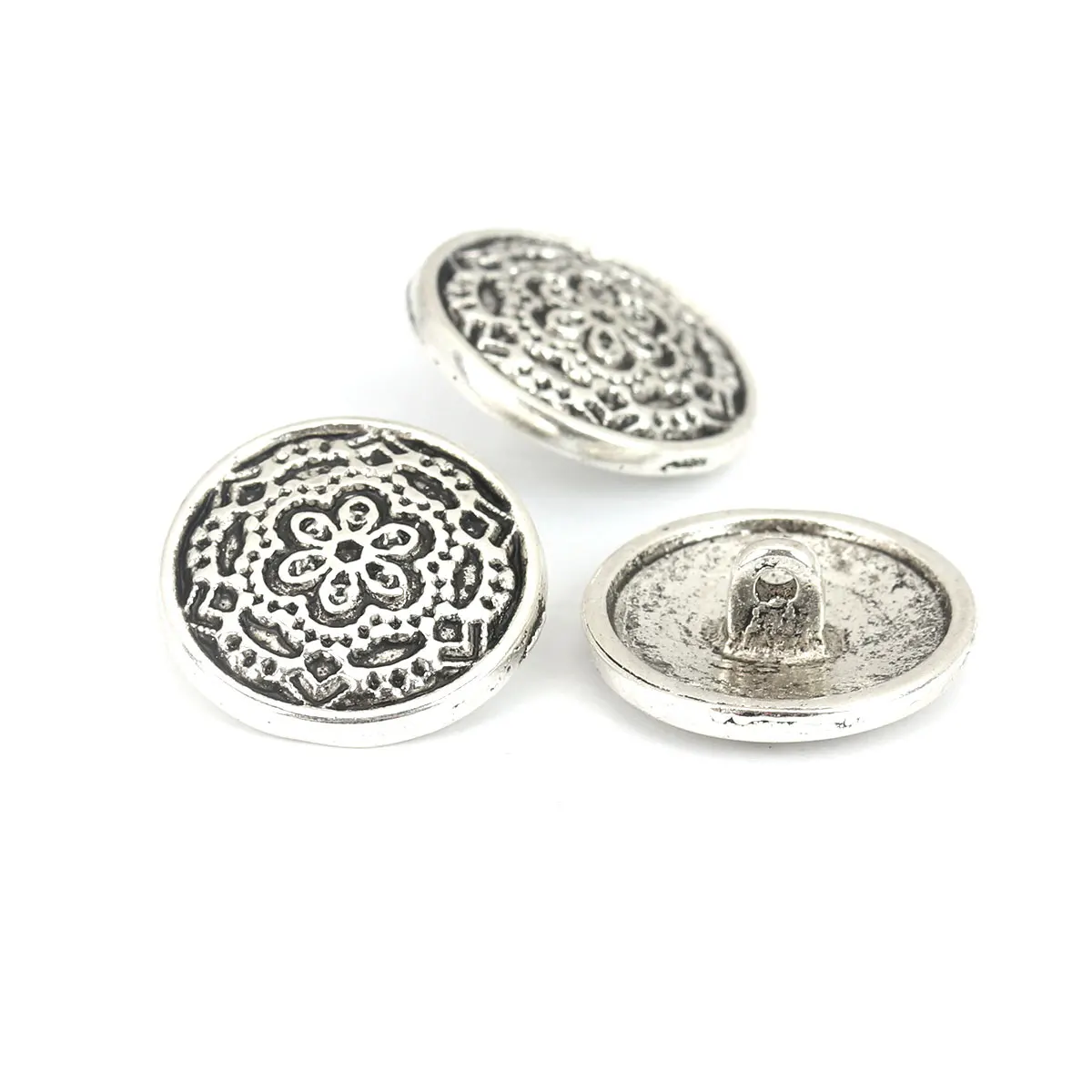 10 PCs Zinc Based Alloy Flower Carved  Round Metal Sewing Shank Buttons Antique Silver Color  20mm Dia Clothing Accessories