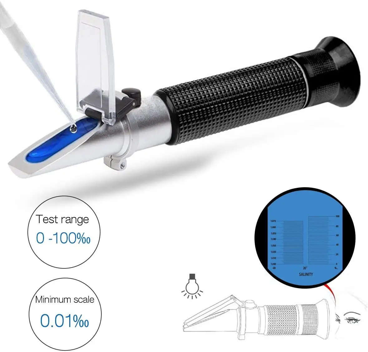 2 IN 1 Salinity Refractometer Aquarium Salt Tester with ATC Dual Scale 0-100‰ & 1.000-1.070 Specific Gravity Saltwater Test