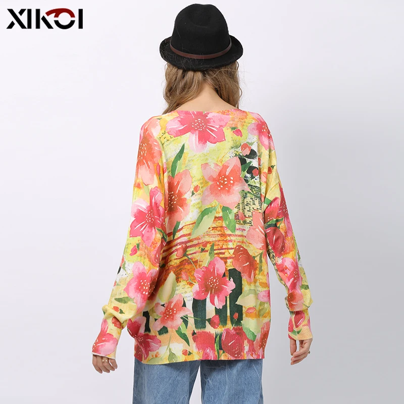 XIKOI Fashion Pink Flowers Print Sweater For Women Winter Long Sweater Oversized Pullovers Casual Knitted Plus Size Jumper Top