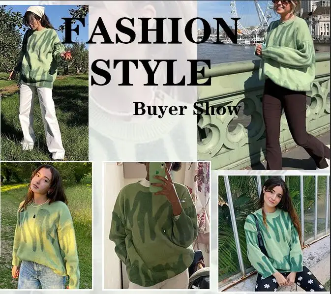 Zielona, z nadrukiem sweter z dzianiny kobiety w stylu Vintage w zielone paski sweter swetry oversize kobiet Streetwear luźne długie swetry Sueter