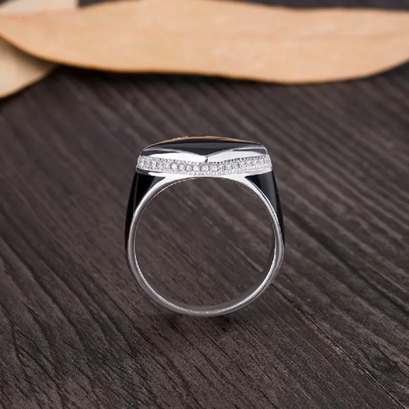 BOCAI New Vintage Inlaid Gemstone Men\'s Ring Real 925 Silver Jewelry  Fashion Simple Black Diamond Shaped Epoxy Birthday Gift