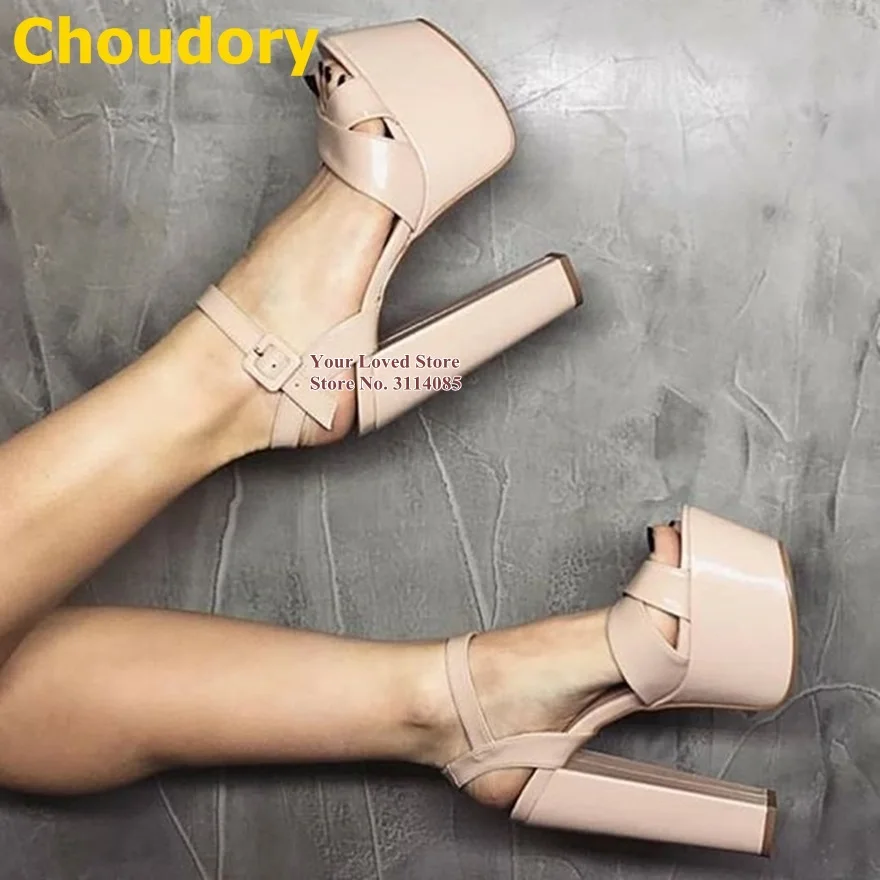 

Choudory Nude Patent Leather Chunky Heel Sandals High Platform Buckle Strap Dress Shoes Women Luxury Wedding Pumps Size46