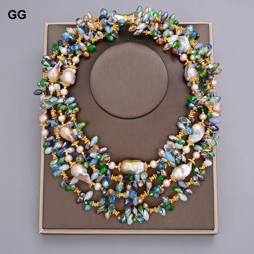 

GuaiGuai Jewelry 18"-24" 4 Strands 25mm Natural Purple Keshi Pearl Colorful Crystal Necklace For Women