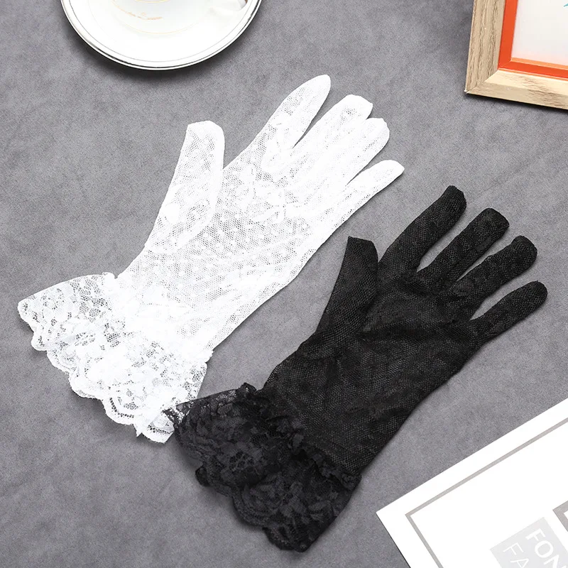 Guantes de encaje de moda Sheers para mujer, guantes de rejilla con lazo, guantes de conducción de dedo completo para fiesta de niñas