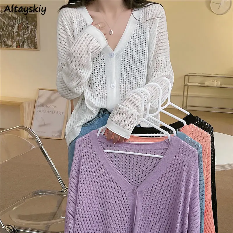 

Women Cardigan Solid Loose Colorful Long Sleeve Hollow Out Summer Casual Thin Outwear V-neck Fashion Knitted All-match