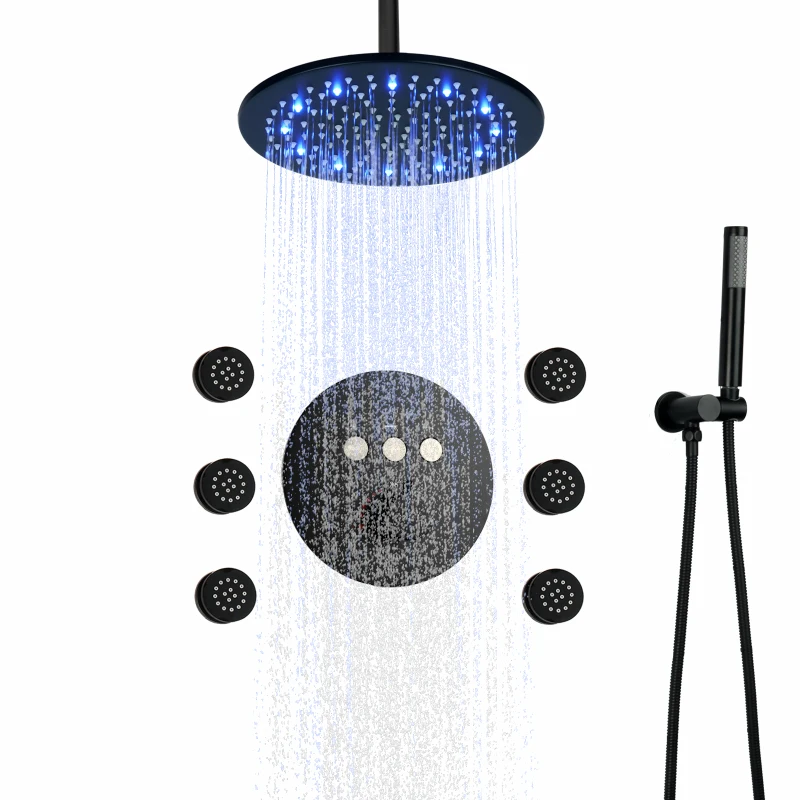 

Matte Black Thermostatic Rainfall Bathroom Shower 10 Inch LED Massage Rainfall Spray Shower System With Handheld