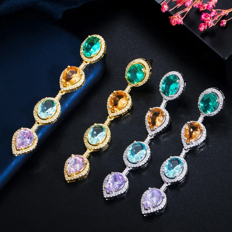 CWWZircons Green Blue Cubic Zircon Crystal Dangling Long Water Drop Ear Line Earrings Trendy Ladies Boho Party Jewelry CZ728