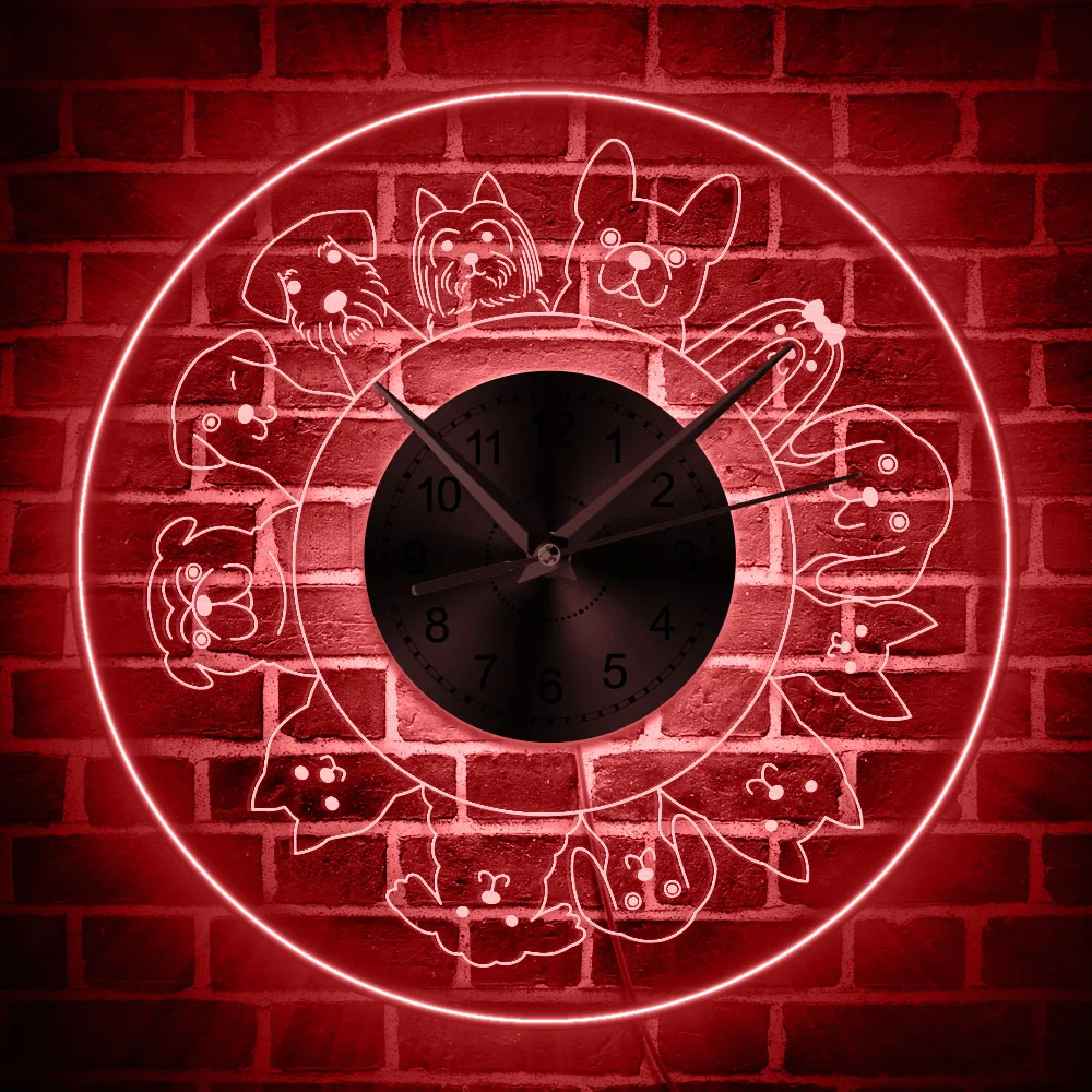 12 Different Dog Breeds LED Wall Clock Doggie Puppy Wall Clock with LED Backlight Pet Animals Decor Wall Light Dog Lover Gift