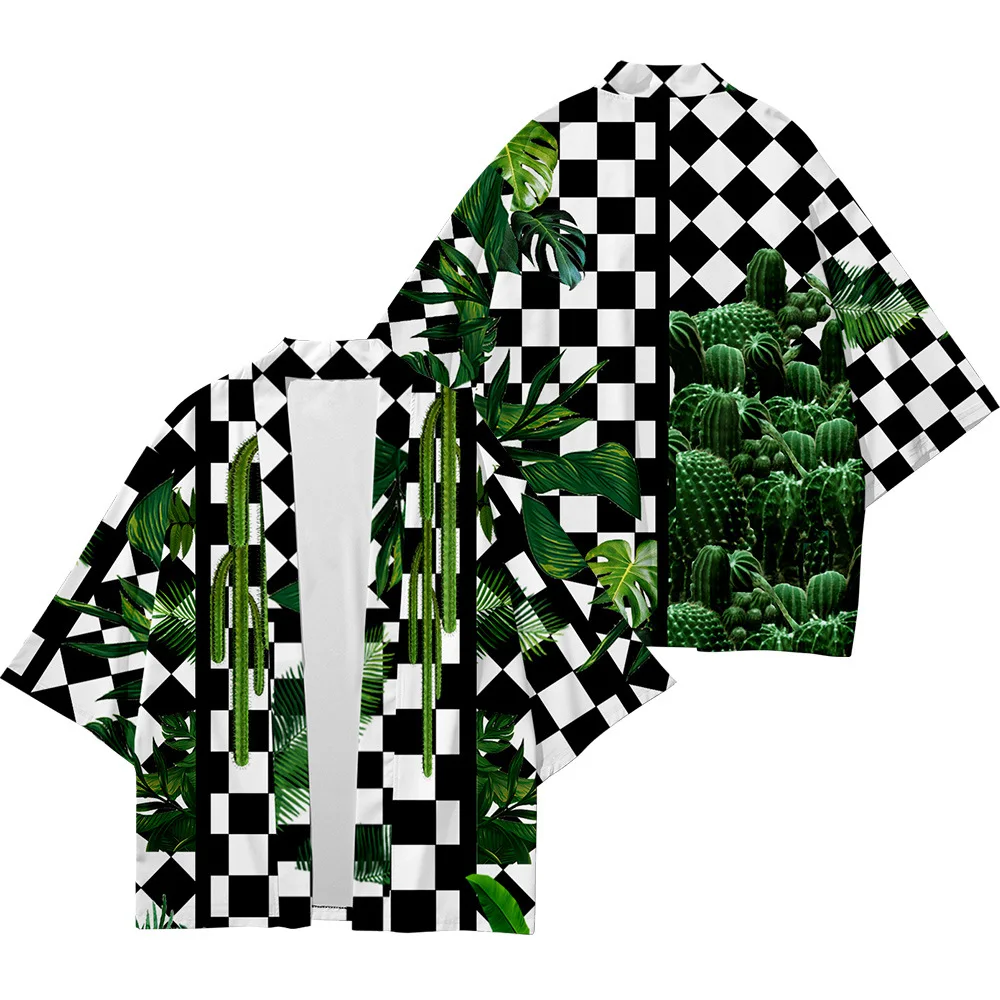 

Green Checkerboard Tanjiro Beach Japanese Style Kimono Streetwear Men Women Cardigan Haori Yukata Harajuku Tops Robe Clothes